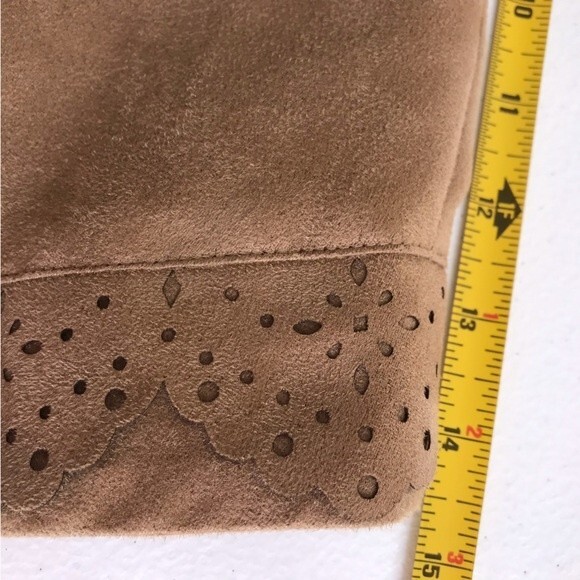 Chicos Faux Suede Perforated Laser Cut Zip Front Long Sleeve Camel Tan Jacket S - Picture 13 of 16